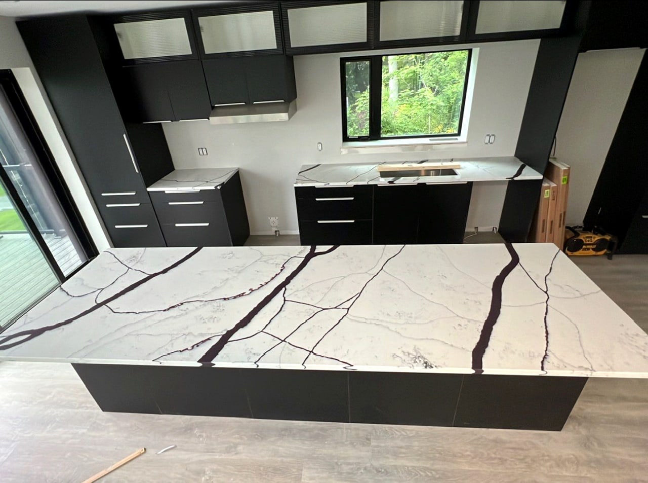 Bookmatched quartz slab kitchen install